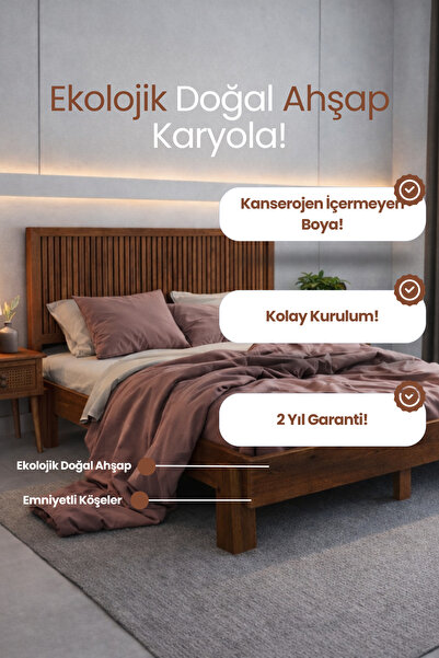 RENAZZO Alaz Model Dikey Başlıklı Ahşap Karyola- Ahşap Karyola Dikey Çizgili ...