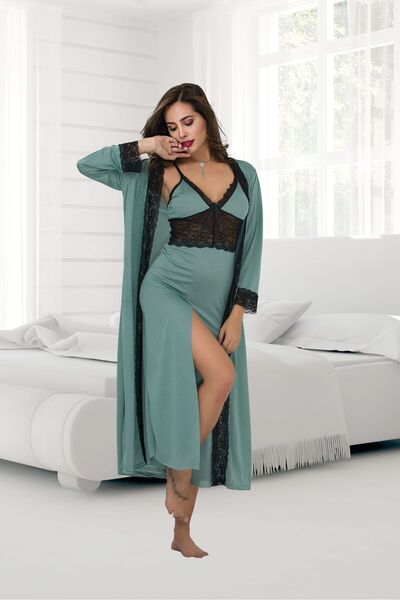 euro click Plus Size Green Lace Detailed Nightgown and Robe Set Long Slit Nig...