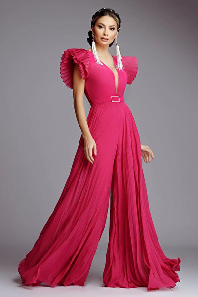 Ejolie Gloria fuchsia pleated veil jumpsuit with deep neckline