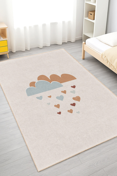 Home Bulut Ve Kalp Desenli Yıkanabilir Kaymaz Taban Çocuk Odası Halısı