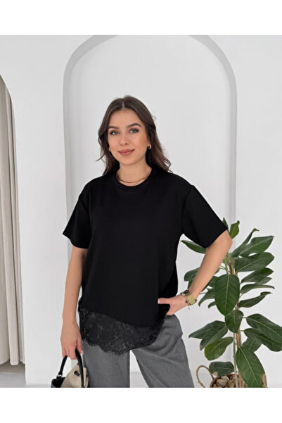 jöns since 1997 Women's Skirt with Lace Trim, Plain Black Basic T-Shirt