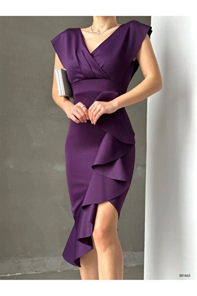 USLUCAN ALIŞVERİŞ   Scuba Fabric Front Ruffle Midi Dress