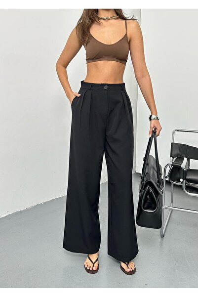 QUASAR Fashion New Season Double Pleated Woven Fabric Buttoned Wide-Let Palaz...