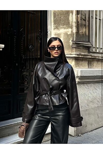 NET OF NOT Yeni Sezon Siyah Kruvaze Dik Yaka Düğmeli Deri Ceket