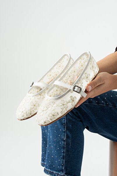 dabab shoes Lorena Women's White Floral Embroidered Tulle Mary Jane Ballerinas