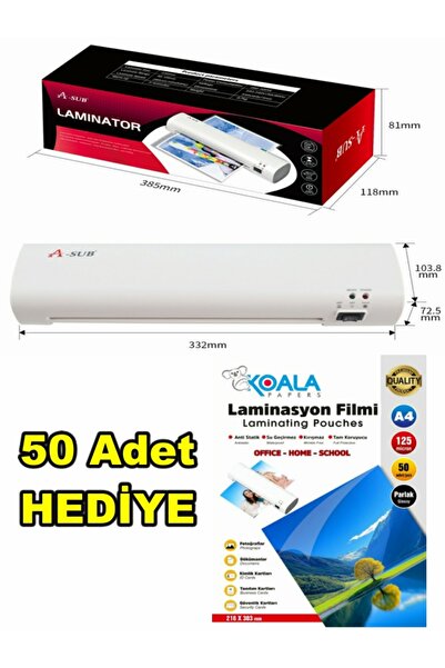 Koala A-SUB LAMİNATOR A4-A5 80 Micron Laminasyon Makinası+50 Adet A4 125 Micr...