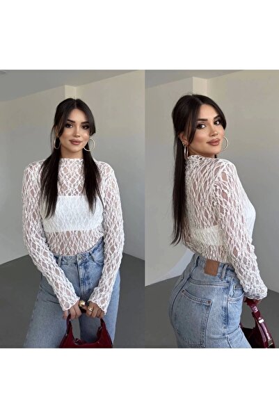 GALAVİP Women's Premium Half Turtleneck Long Sleeve Fishnet Patterned Lace Tr...