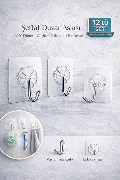 Tilbe Home 12’li Güçlü Yapışkanlı Kancalı Duvar Askısı 180° İz Bırakmaz Banyo...