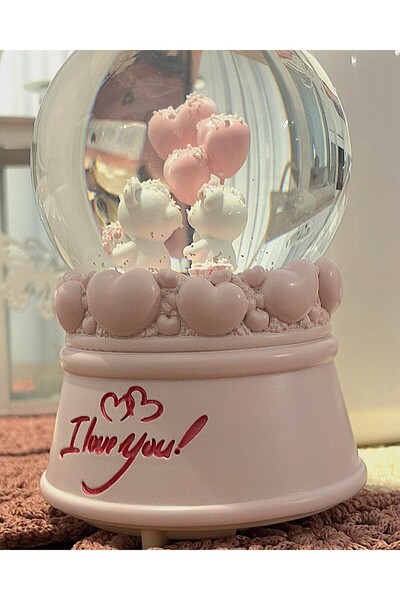 GNR Pembe İki Ayıcık Otomatik Püskütmeli Işıklı Müzikli Pilli Büyük Boy Kar K...