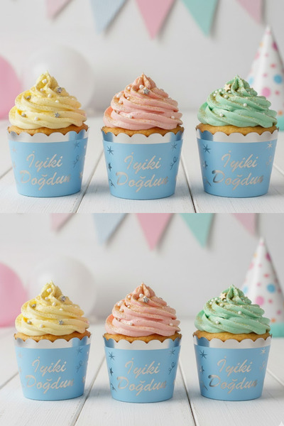 NEWPARİ İyi Ki Doğdun Mavi Gümüş Yaldız Baskılı Cupcake & Muffin Kek Kalıbı F...