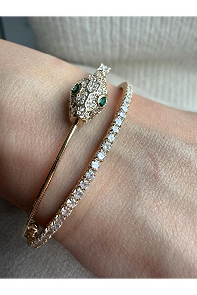 ZERA STEEL JEWELRY Altın Kaplama Yeşil Zirkon Taşlı Yılan Model Kelepçe