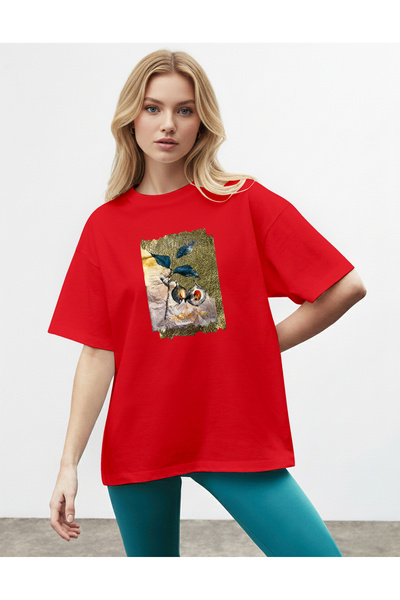 caddekombin Women's Oversize Blue Leaf Printed Red T-Shirt