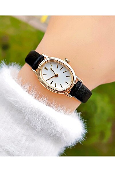 Weluxa Gold Color Case White Dial Black Leather Band Women Wristwatch