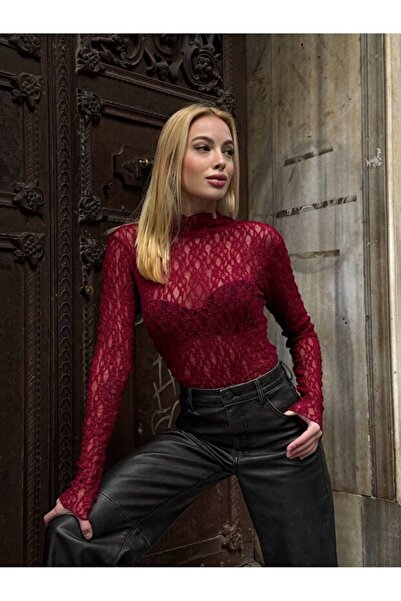 GALAVİP Women's Premium Half Turtleneck Long Sleeve Fishnet Patterned Lace Tr...