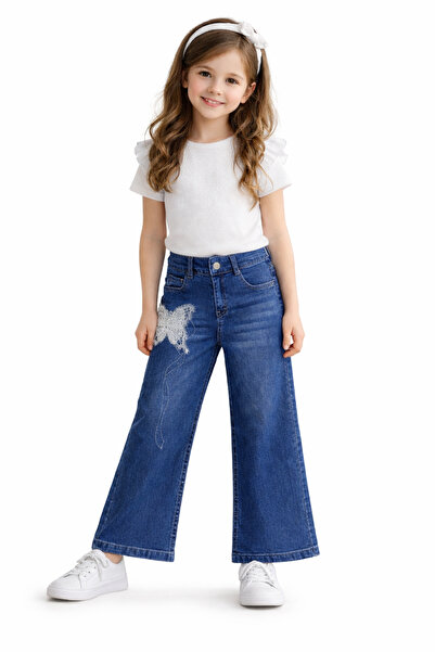 İrem Çocuk Giyim Girl's Lace Butterfly Detailed Wide Leg Model Blue Color Jea...