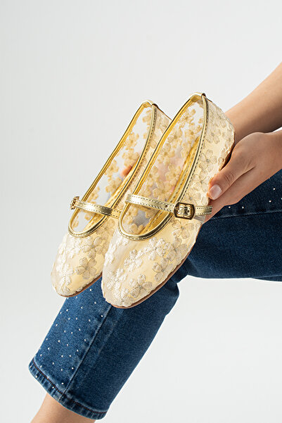 dabab shoes Lorena Women's Gold Floral Embroidered Tulle Mary Jane Ballerinas