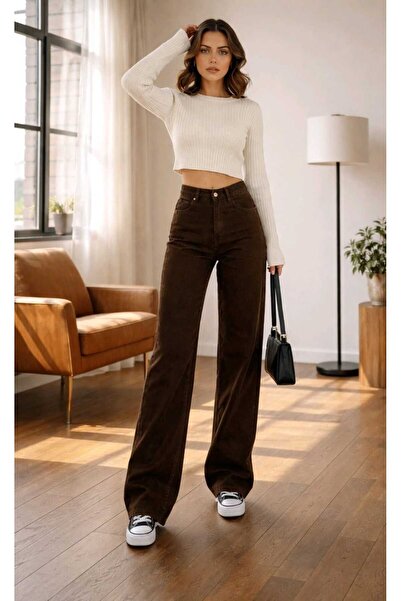 Trn JNS Christian Lycra Women's Dark Brown Super High Waist Loose Leg Denim J...