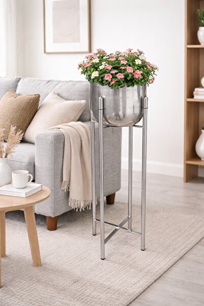 Valda 75 CM AYAKLI GÜMÜŞ SAKSILIK ÇAP 20 CM