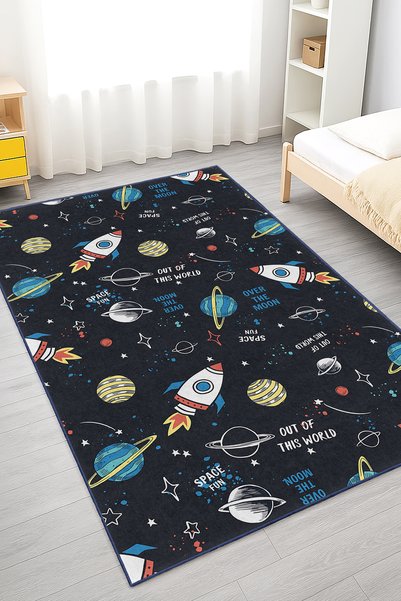 Home Uzay Temalı Roket ve Gezegen Desenli Yıkanabilir Kaymaz Taban Halı