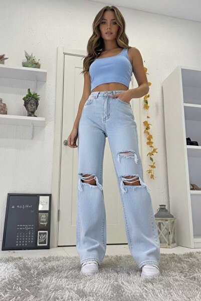 Trn JNS Christian Lycra Women's Light Blue Snow Ripped Super High Waist Loose...