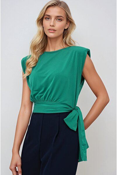 OLSAMODA Women's Sleeveless Flexible Sandy Fabric Padded Blouse with Waist Belt