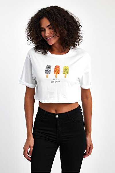 ihraç pazarı Women's Printed Crop T-Shirt 100% Cotton Short Sleeve White Summer Crop T-Shirt