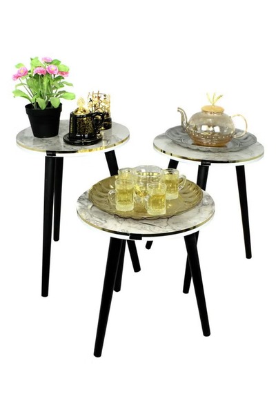 TrentonGCC Set of 3 Marble Look Nesting Tables Black Legs Modern Side Coffee ...