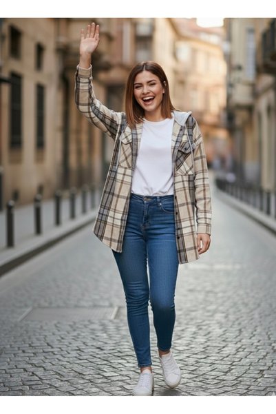 Polologin Butik Kadın Kahve Bej Kapüşonlu Ekose Oduncu Gömlek Ceket - Oversize Kalıp