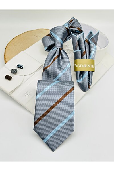 Gutiero Κλασική γραβάτα με γκρι ριγέ μαντήλι