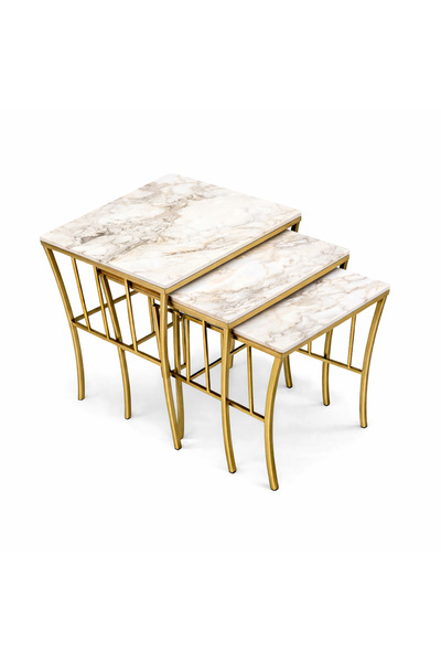 Riyes Tasarım Sepet Model 3 lü Zigon Eskitme Gold Metal Ayaklı Sehpa Seti- Mo...