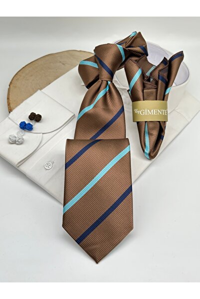 Gutiero Cravată clasică cu batistă maro cu dungi