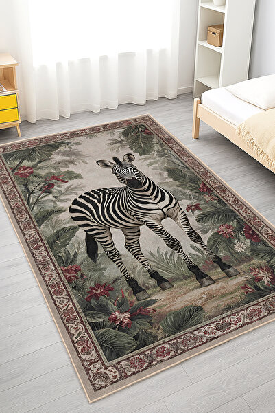Home Zebra Figürlü Yeşil Yaprak Desenli Yıkanabilir Kaymaz Taban Halı