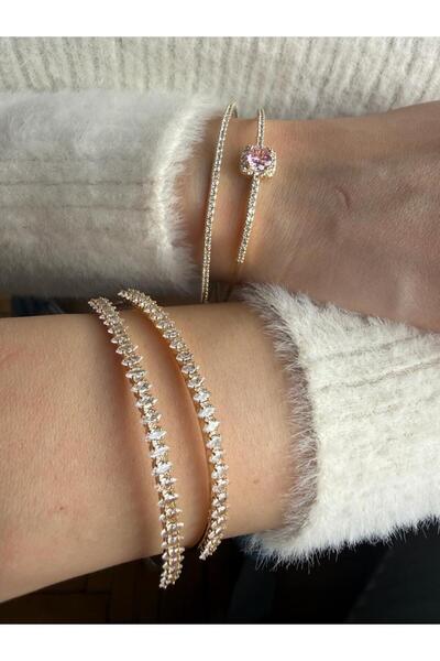 ZERA STEEL JEWELRY Altın Kaplama Çelik Zirkon Taşlı Kelepçe Set