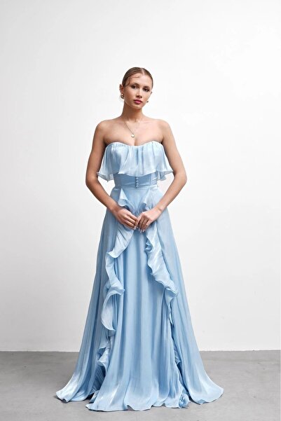 zoezoe SRC Straplez Volanlı Yırtmaçlı Şifon Abiye Elbise