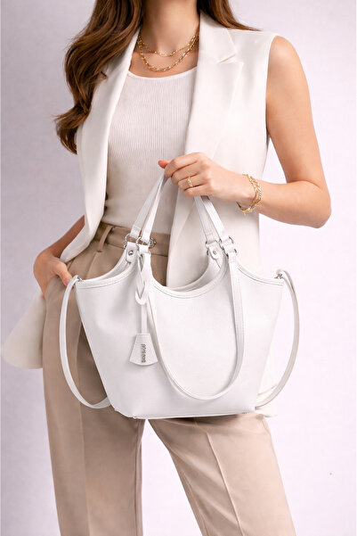 Rimense Women's White Lined Zippered Hand and Shoulder Bag