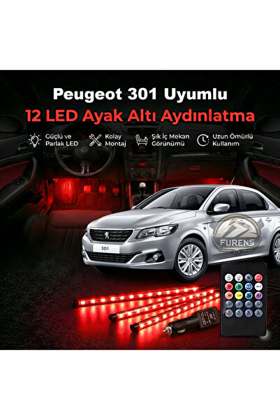 STS Oto Aksesuar Peugeot 301 Uyumlu RGB Ayak Altı LED 12 Led Kumandalı Müzik ...