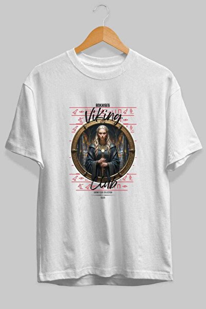 Ankhises Tricou Viking Mythology 5 cu imprimeu frontal, alb, supradimensionat...