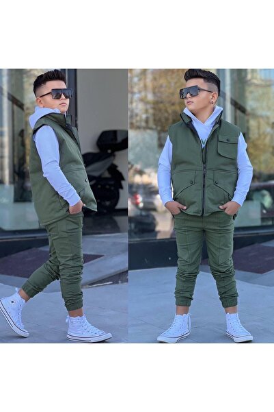 MODA Erkek çocuk 4-14 yaş arası şişme sıfır kollu montlu üçlü takım bayramlık