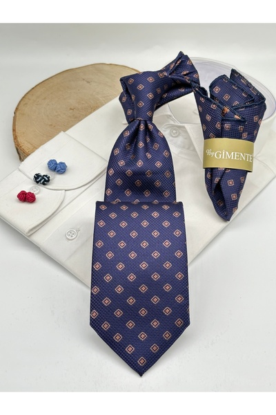 Gutiero Navy Blue Patterned Classic Tie with Handkerchief