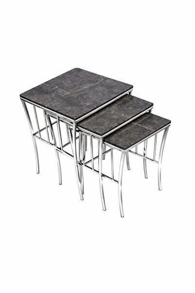 Riyes Tasarım Sepet Model 3 lü Zigon KROM GÜMÜŞ Metal Ayaklı Sehpa Seti- Mode...