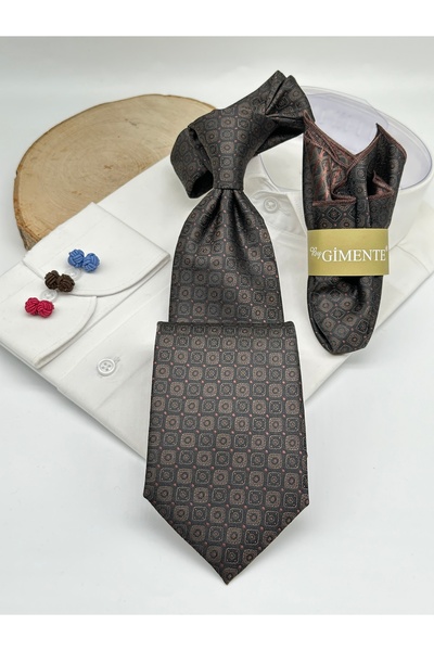 Gutiero Brown Patterned Classic Tie with Handkerchief