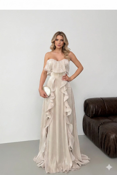 zoezoe SRC Straplez Volanlı Yırtmaçlı Şifon Abiye Elbise