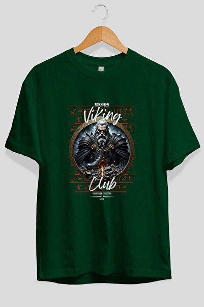 Ankhises Tricou Viking Mythology 22 cu imprimeu frontal verde oversize Bărbaț...