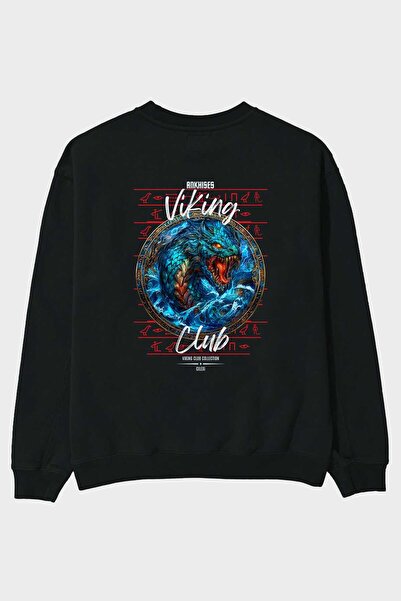 Ankhises Hanorac oversize negru cu imprimeu pe spate Jörmungandr, pentru bărb...