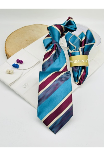 Gutiero Turquoise Burgundy Striped Classic Tie with Handkerchief