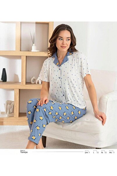 İpek Women's Short Sleeve Front Buttoned Polka Dot-Turtle Pattern Modal Ribbe...