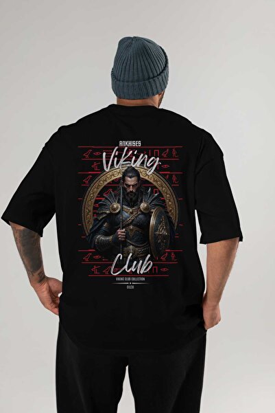 Ankhises Tricou Viking Mythology 6 cu imprimeu pe spate, negru, supradimensio...