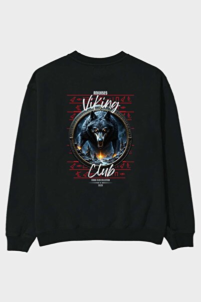 Ankhises Seria Mitologia Vikingă 28 Hanorac negru supradimensionat cu imprime...