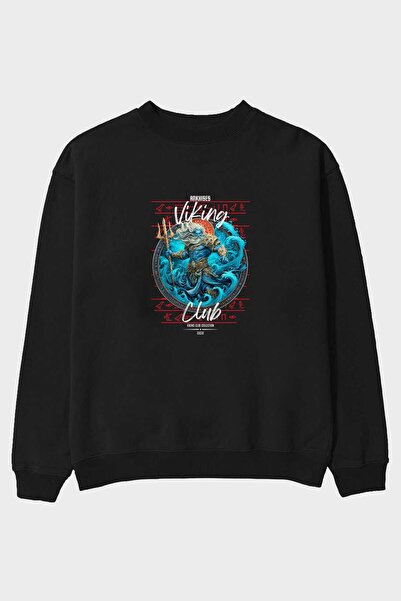 Ankhises Njord Imprimat frontal Hanorac negru oversize Bărbați Femei Unisex