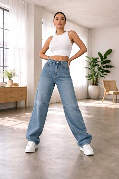 NWC Tropi Blue Mustache Buckle Detailed Loose Cut Wide Leg Comfortable Baggy ...